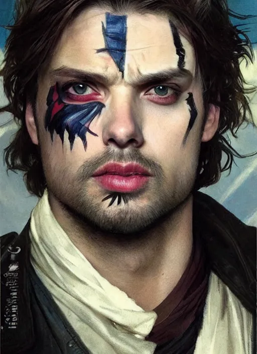 Image similar to sebastian stan as bucky barnes with his face painted. face painting of flowers. beautiful highly detailed face. painting by artgerm and greg rutkowski and alphonse mucha.