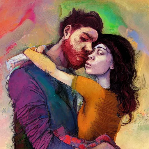 Prompt: of a man and woman holding each other hugging intimately in the style of disco elysium, expressionism, artstation, trending, by aleksander rostov, jenny saville, rembrandt, alex kanevsky, wassily kandinsky, dave mckean, yoshitaka amano