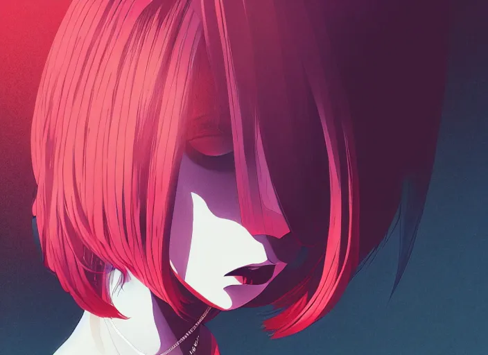 Image similar to editorial illustration by Karolis Strautniekas and Mads Berg, colorful, anime portrait vampire princess miyu, katsuhiro otomo, manga, Ilya kuvshinov,fine texture, manga shading, fine details, matte colors, film noir, dramatic lighting, dynamic composition, moody, vivid, volumetric,Narumi Kakinouchi