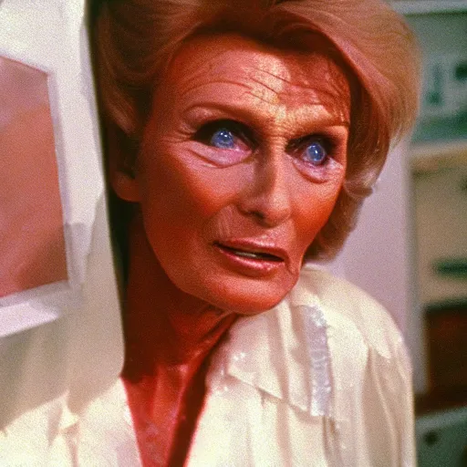 Prompt: 7 0 s film still from a horror movie of cloris leachman suffering from radiation induced moist desquamation, kodachrome, cinecolor, cinestill, film grain, film texture, retro, cinematic, high resolution, photorealism, - w 8 6 7