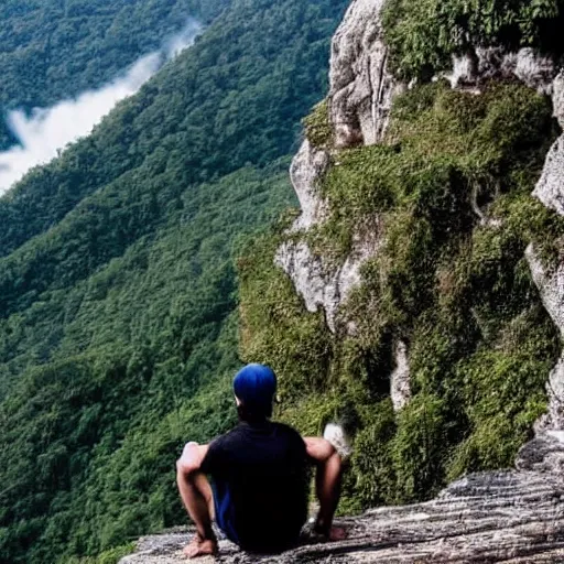 Image similar to man sitting on top peak mountain cliff looking at tsunami