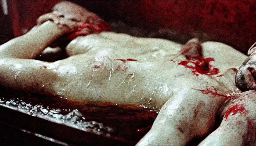 Image similar to hyper detailed movie still of marat wounded at the chest, in a bath flooded with blood, cinestill 8 0 0 t 3 5 mm, high quality, heavy grain, high detail, cinematic composition, dramatic light, anamorphic, ultra wide lens, hyperrealistic, by josef sudek