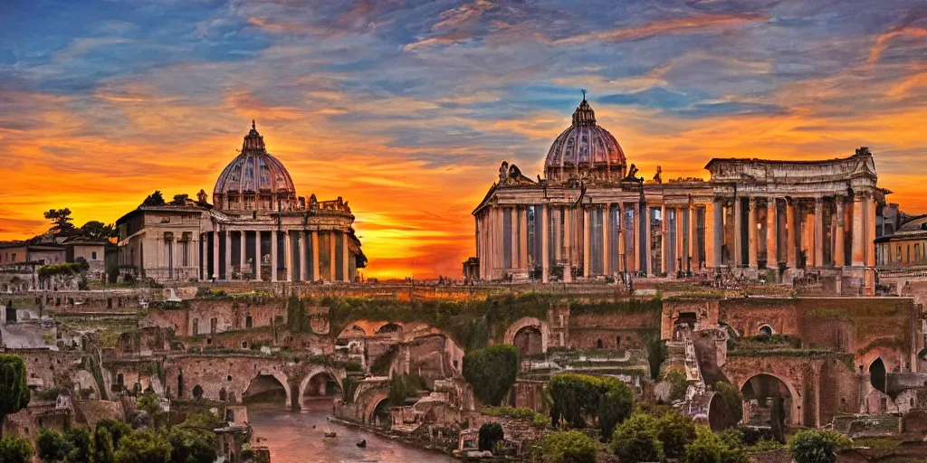 Prompt: sunset on rome, tetrachromacy, realistic photo, landscape