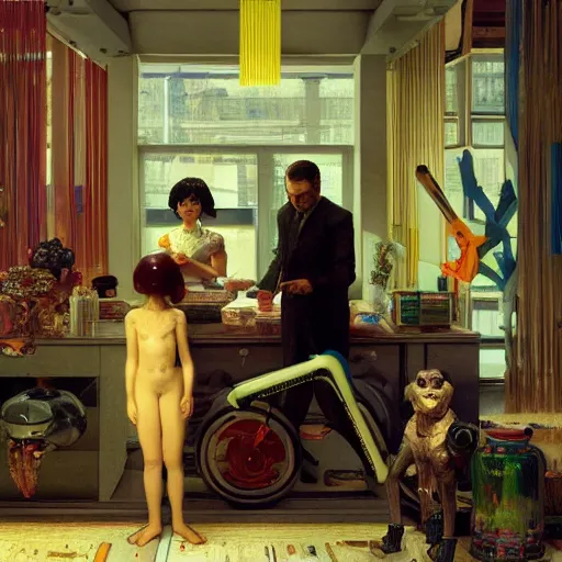 Image similar to (GTA V) Frenetic domesticity, with a parent and child and robot dog in the center, surrounded by futuristic items of convenience. The colors are muted-neon and calming, serine complacency. By Ellen Jewett, by Lawrence Alma-Tadema, realistic