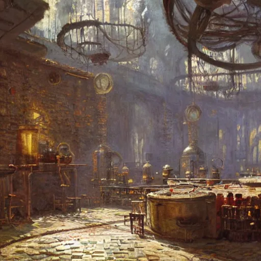 Prompt: the alchemist's laboratory fortress by greg rutkowski and claude monet, oil on canvas