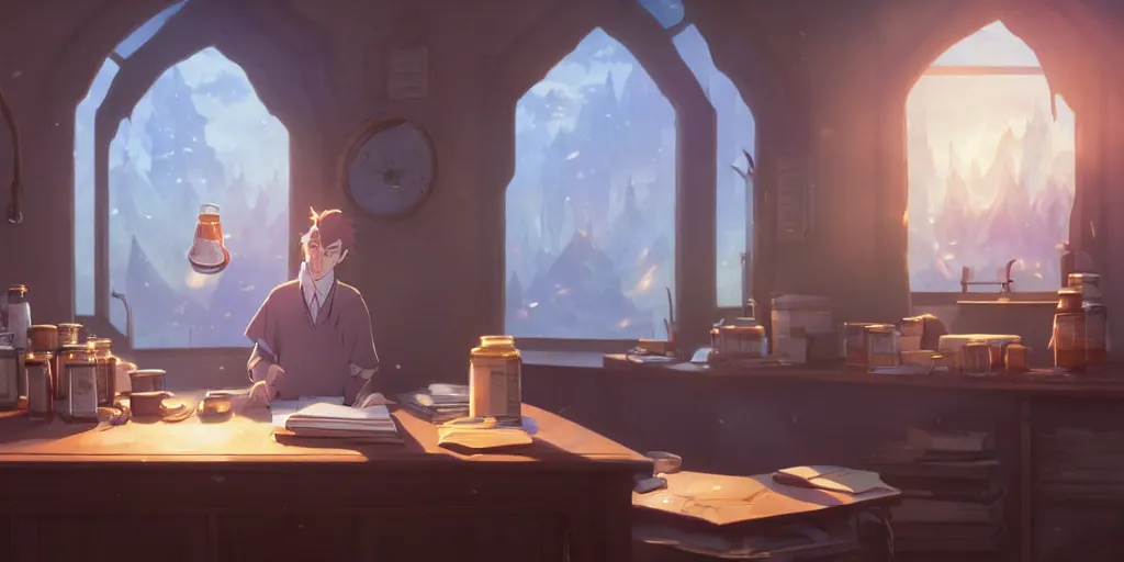 Image similar to a wizard with brown hair is standing at his desk working with jars of liquids, beakers of bubbling potions, coherent, medium shot, waist up, studio ghibli, pixar and disney animation, sharp, rendered in unreal engine 5, anime key art by greg rutkowski, bloom, dramatic lighting