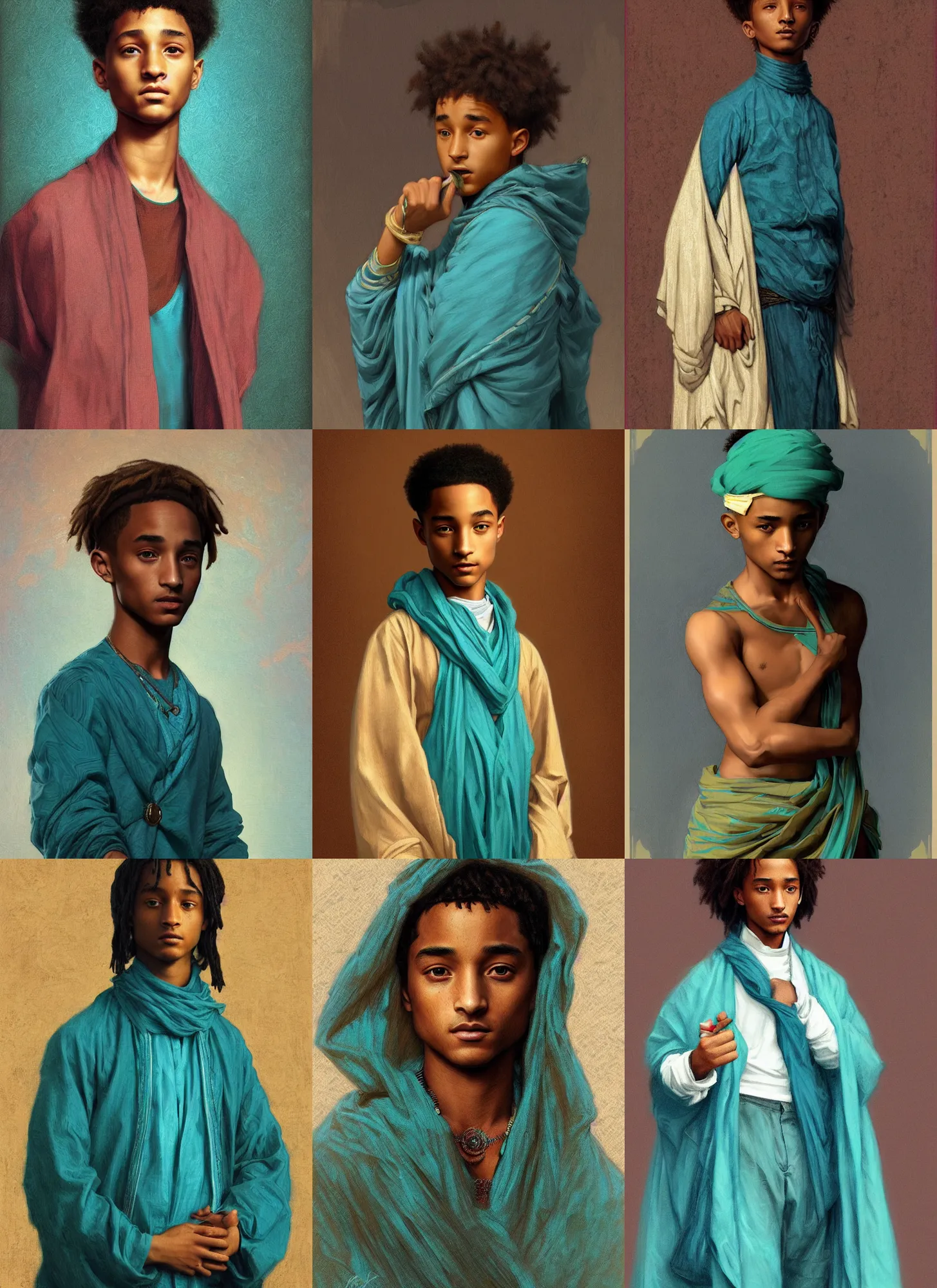 Prompt: jaden smith young libyan, teal cloth, butch cut!!, intricate, dark, highly detailed, digital painting, artstation, sharp focus, illustration, orientalism, bouguereau, rutkowski, mucha