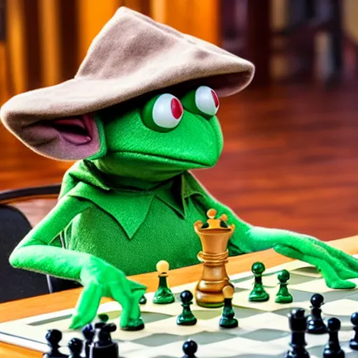 Image similar to photo of ( hybrid of kermit the frog and yoda ) playing chess