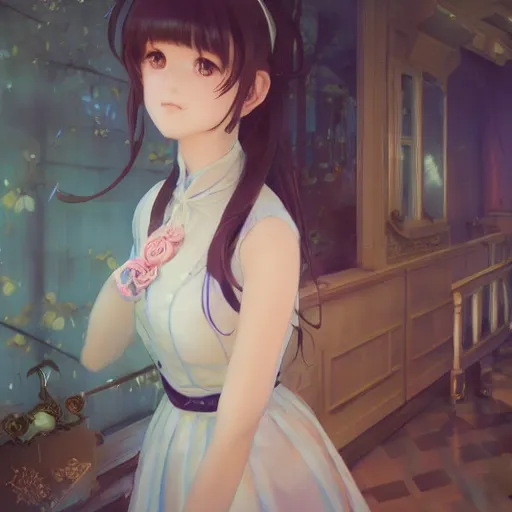 Image similar to a young woman in maid uniform by Stanley Artgerm Lau, WLOP, Rossdraws, Guweiz, James Jean, Andrei Riabovitchev, Marc Simonetti, and kyoani, krenz cushart, pixiv, background by James Jean and gustav klimt and John Marshall Gamble, 4k, volumetric lighting, french nouveau, trending on artstation, octane render, hyperrealistic