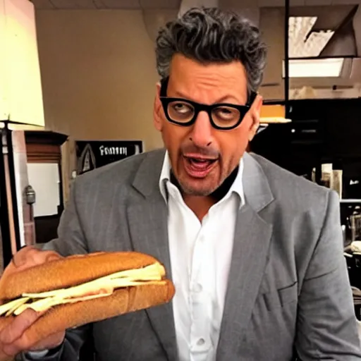 Prompt: fat Jeff Goldblum eating a sandwich