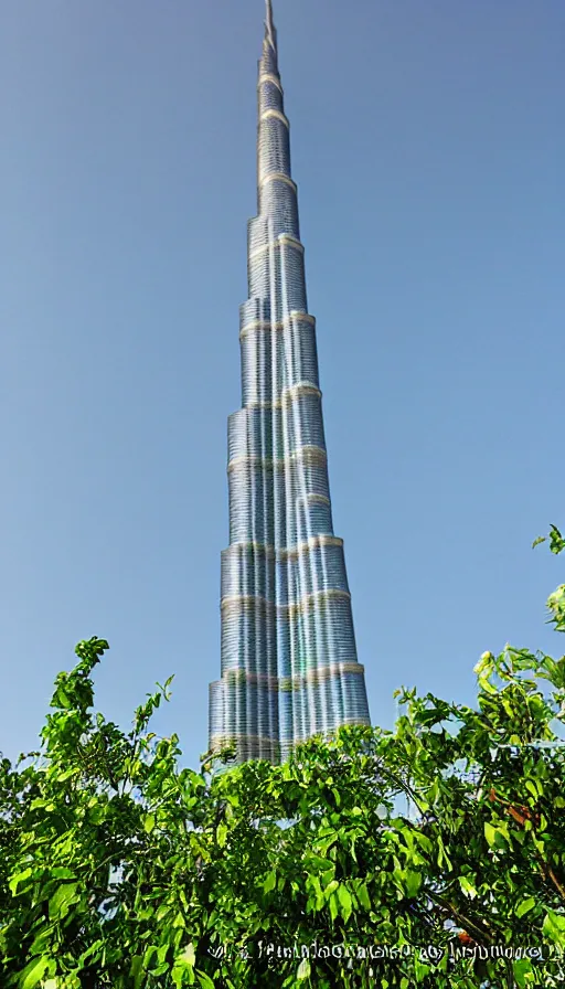 Image similar to the burj khalifa with plants and vines and greenery growing on it. in a beautiful green metropolis surrounded by flowers, trees and greenery.