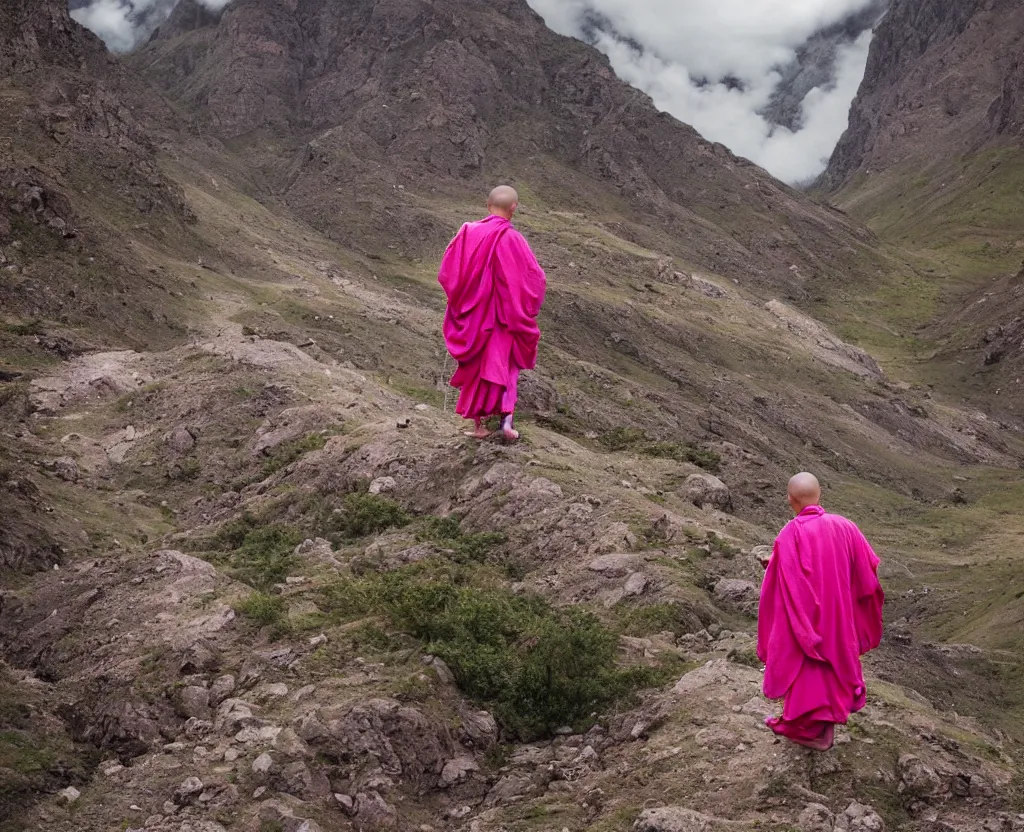 Prompt: a pink monk wandering trough the mountains looking at the clouds very detailed focused photography cinematic lighting by martin parr