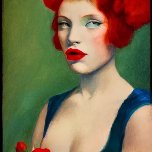 Image similar to Woman model appearance, flowers, Renaissance, red hair, coral lips, blue shadow, style Edward Hopper