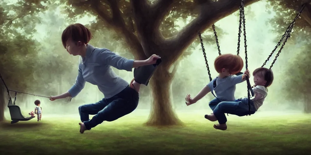 Prompt: hyperrealistic photography of a gentle cyborg pushing an android child on a swing in a cyborg park in the style of Jin Kagetsu, patricia piccinini, James Jean and wlop, highly detailed, masterpiece, award-winning, sharp focus, intricate concept art, ambient lighting, 8k, artstation