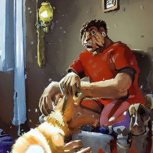 Image similar to a humanoid german shepherd beast - man, sitting and watching a soccer match in his house on television, he has hurt his knee and is a dad, by erin hanson, alexi zaitsev, karl spitzweg, award winning, tv set