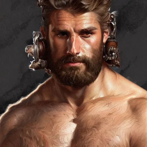 Image similar to portrait of a young rugged male barbarian, handsome, upper body, hairy torso, D&D, muscular, fantasy, intricate, elegant, highly detailed, digital painting, artstation, concept art, smooth, sharp focus, illustration, art by artgerm and greg rutkowski and alphonse mucha