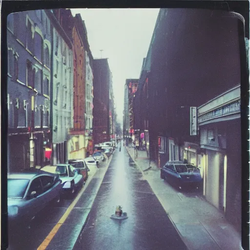 Image similar to low angle wide shot of Night Vale street in the early morning, after rain, lomography, polaroid photo, by Warhol,