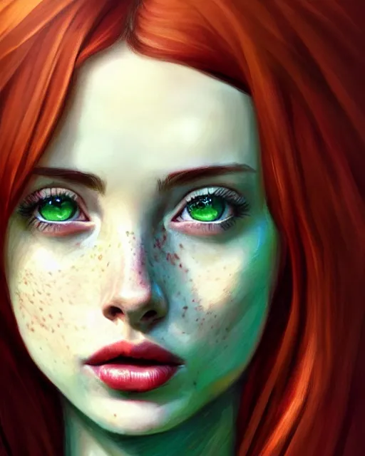 Image similar to gorgeous Kacey Rohl, realistic character concept, red hair, freckles, symmetrical face, symmetrical eyes, green dress, forest, trees, shorter neck, cinematic lighting, artgerm, Joshua Middleton, Adreas Rocha, beautiful