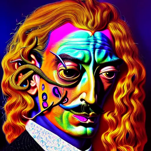 Prompt: An extremely psychedelic portrait of Salvador Dali, surreal, LSD, face, detailed, intricate, elegant, lithe, highly detailed, digital painting, magical, occult, artstation, concept art, smooth, sharp focus, illustration