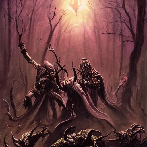 Prompt: warlock summoning an army from the dead, Elmore, Larry, painting, dark, horror, aesthetic, art station,