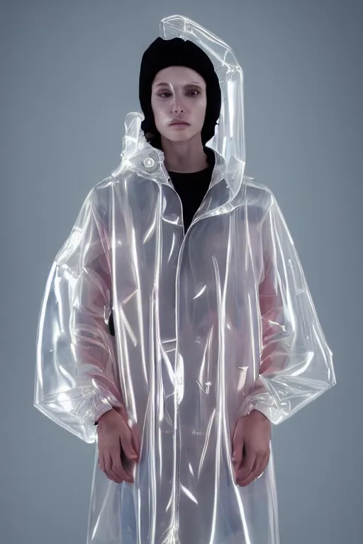 Image similar to an ultra high definition professional high fashion portrait studio full length photograph of a model wearing a transparent pearlescent raincoat and neon visor in an icelandic black rock environment at dawn. no artefacts. extremely detailed. stark. shallow depth of field. volumetric light and shadow. ray tracing. light ray.