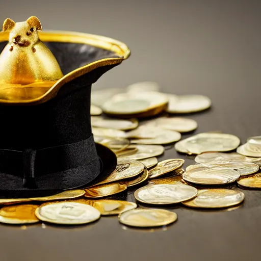 Image similar to A pomeranian wearing a top-hat and a monocle, sitting on top of a large pile of gold coins