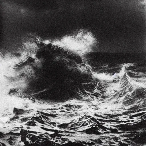 Image similar to “Spongebob in a violent stormy ocean, 1900s photograph”