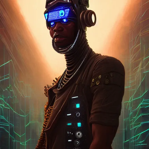 Prompt: a dogon cyberpunk hacker, steampunk stargate by greg rutkowski and android jones in a surreal portrait style, oil on canvas, ancient cyberpunk 8k resolution