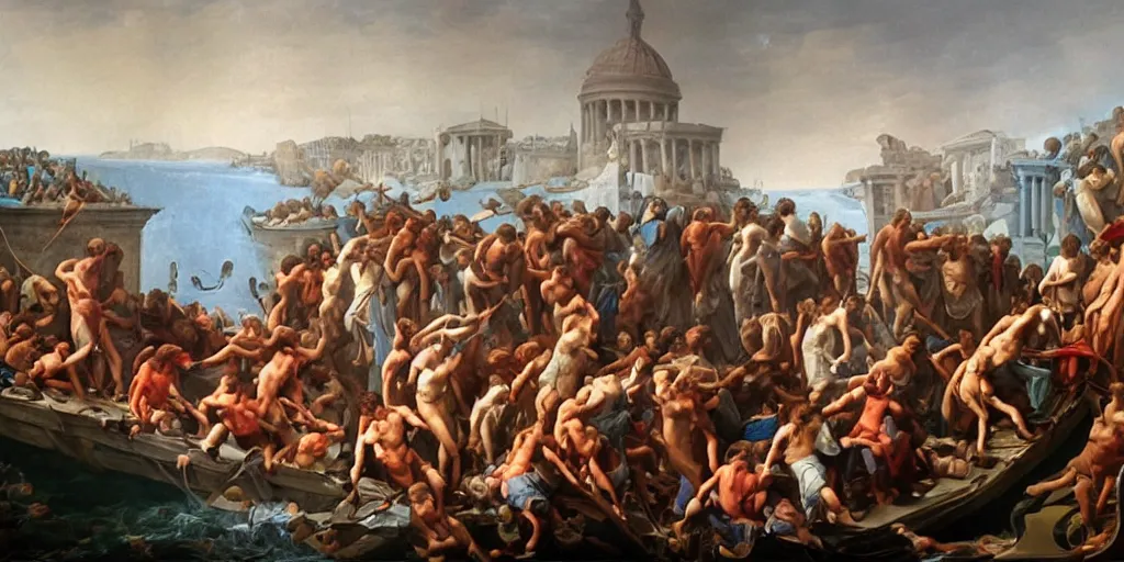 Image similar to a mix between the raft of the medusa and the school of athens, matte painting, oil canvas, photorealistic illustration, extreme detail, hyper realistic, highly detailed