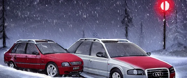 Prompt: Audi A4 B6 Avant (2002), a gritty neo-noir, Eldritch horror, dramatic bright lighting, cinematic, establishing shot, extremely high detail, photorealistic, cinematic lighting, artstation, by simon stalenhag, Snowy italian road, Snowy Apennines, At night, Poets of the Fall - Late Goodbye