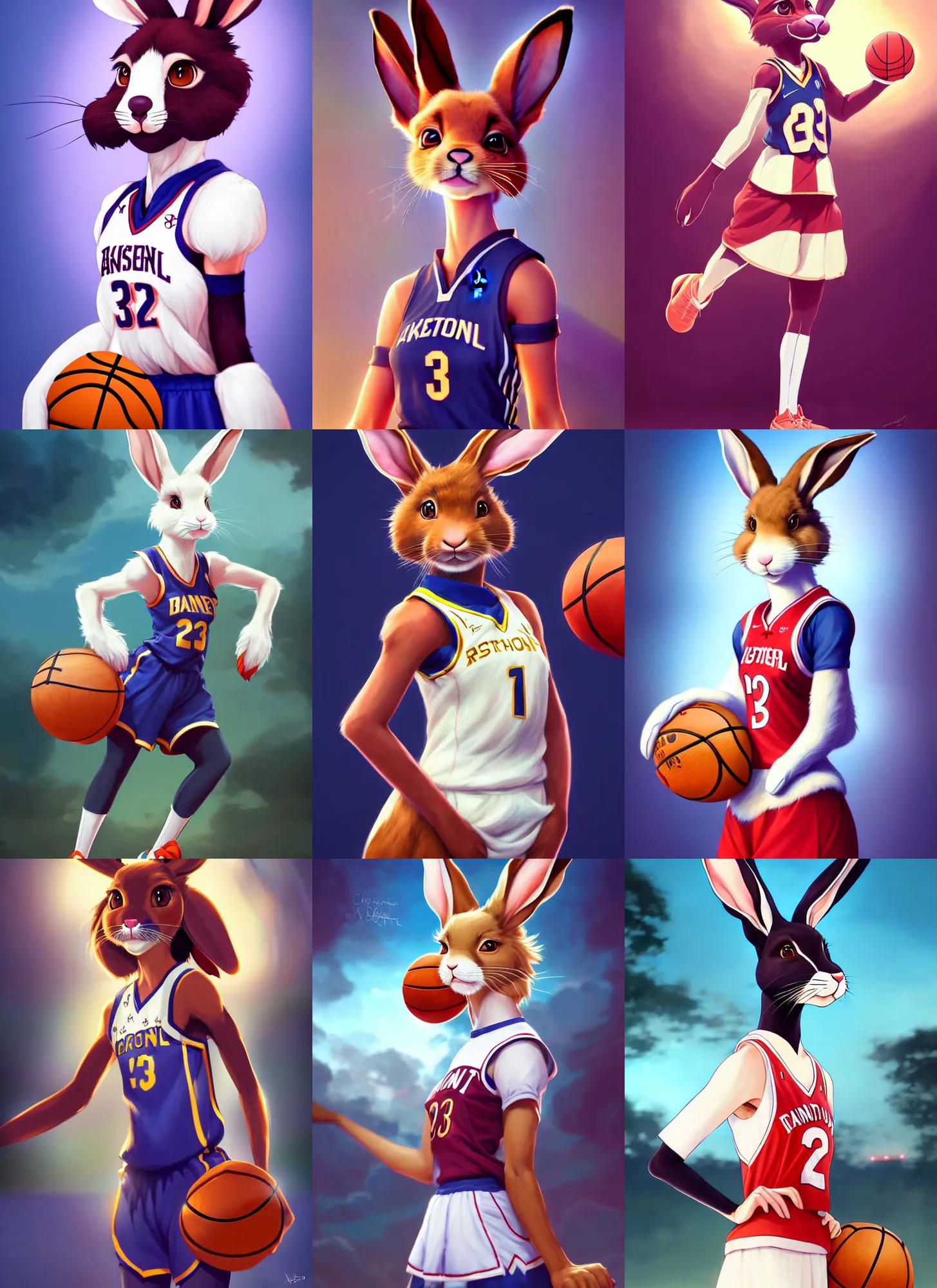 Prompt: beautiful portrait of a female anthropomorphic rabbit fursona wearing a basketball uniform. basketball stadium background. character design by disney, charlie bowater, ross tran, artgerm, and makoto shinkai, detailed, soft lighting, rendered in octane