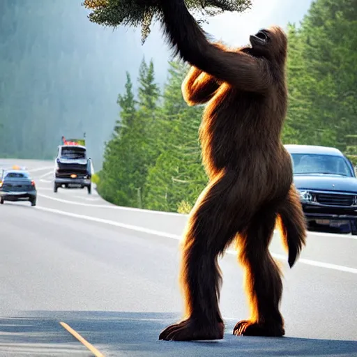 Prompt: Sasquatch tossing a tree into highway traffic