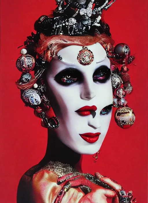 Prompt: an 8 0 s portrait of a woman with dark eye - shadow and red lips with dark slicked back hair, a mask of beads and diamonds hanging from a thin black crown, dreaming acid - fueled hallucinations by serge lutens, rolf armstrong, delphin enjolras, peter elson, red cloth background