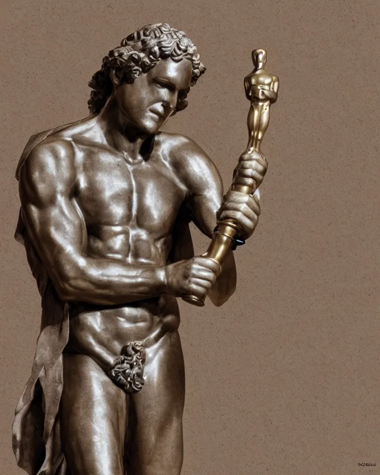 Image similar to statue of david as the oscar's award, photorealistic, highly detailed render, 4K