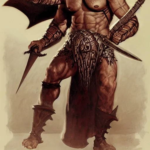 Image similar to quarter length portrait of a gladiator hobgoblin, d & d, fantasy, greg rutkowski, frank frazetta, alexandre chaudret, boris vallejo, michael whelan, miro petrov, hr giger, magali villeneuve, donato giancola