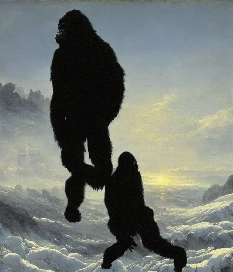 Prompt: a painting in the style of caspar david friedrich's wanderer above the sea of fog of a man in a navy blue trench coat with the head of a gorilla standing above a wasteland of snow