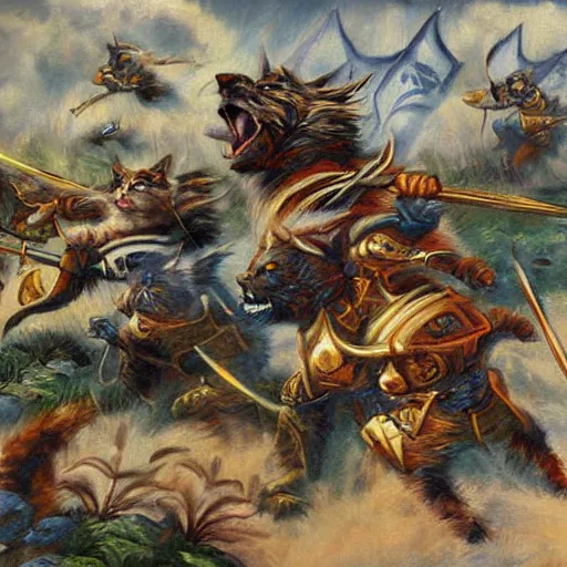 Image similar to cat warriors charging into battle fantasy painting heroic bearing by the best cat artist ever