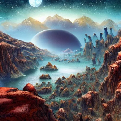 Prompt: large landscapes from another world, beautiful depiction, very detailed and weird fauna, enhance lighting