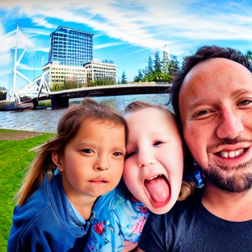Image similar to family travel photo selfie taken at portland, oregon's waterfront park.