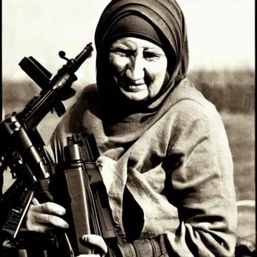 Prompt: babushka with machine gun