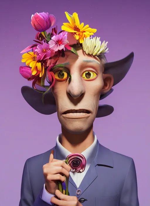 Prompt: an anthropomorphic beautiful male scientist portrait holding a flowers wearing colourful robe, fine art, award winning, intricate, elegant, sharp focus, octane render, hyperrealistic, wizard hat cinematic lighting, highly detailed, digital painting, 8 k concept art, art by jamie hewlett and z. w. gu, masterpiece, trending on artstation, 8 k