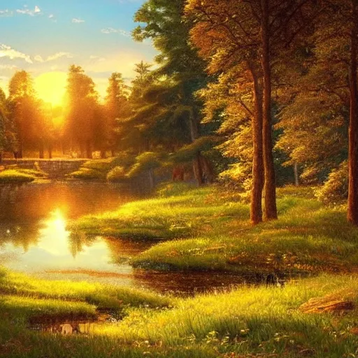 Image similar to a masterpiece detailed beautiful landscape of russian village, trees, lake, mountains, golden hour, sunset, by Makoto Shinkai and Ivan Shishkin