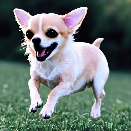 Image similar to my dream puppy: an extremely adorable chihuahua! she is so playful and happy. In this photograph, she is pictured prancing through a field on a bright, sunny summer afternoon. Her mouth is open and her tongue is out. She barks playfully as we play fetch in the field.