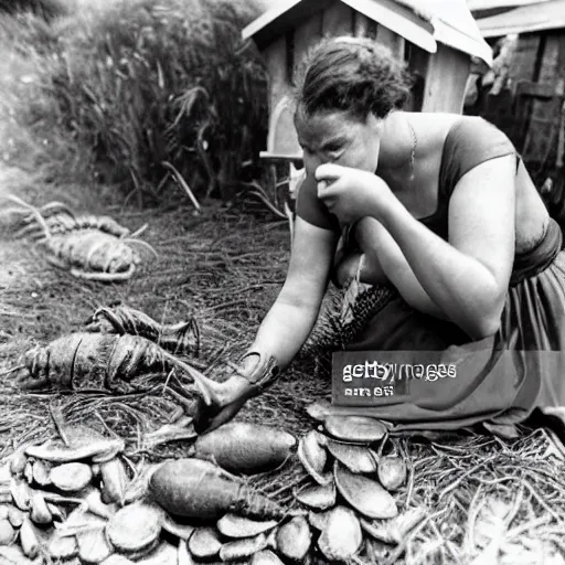 Prompt: a maori woman prepares weta bugs for eating outside her whare in the 1 9 4 0's.