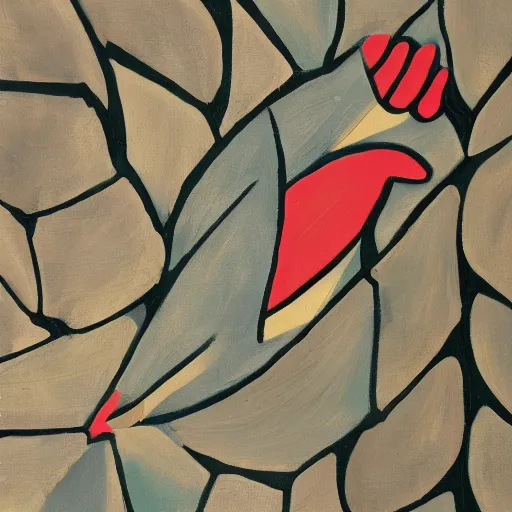Image similar to a dead bird and a pine cone, modernist painting with only 5 colors