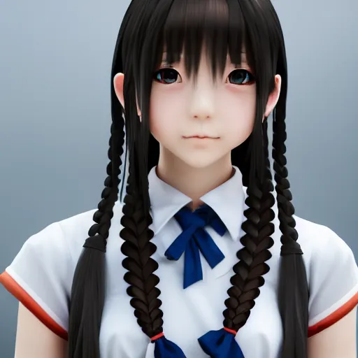 Prompt: japanese school girl render as a very beautiful 3d anime girl, hot petite, long braided hair, hazel eyes, full round face, short smile, cinematic lightning, medium shot, mid-shot, highly detailed, trending on Artstation, Unreal Engine 4k, cinematic wallpaper