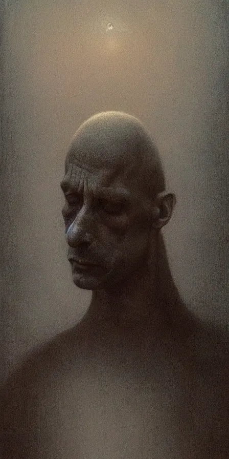 Image similar to portrait of a man filled with despair, shameful pose, apathetic expression, by Zdzislaw Beksinski, gothic, amazing details, cold hue's, warm tone gradient background