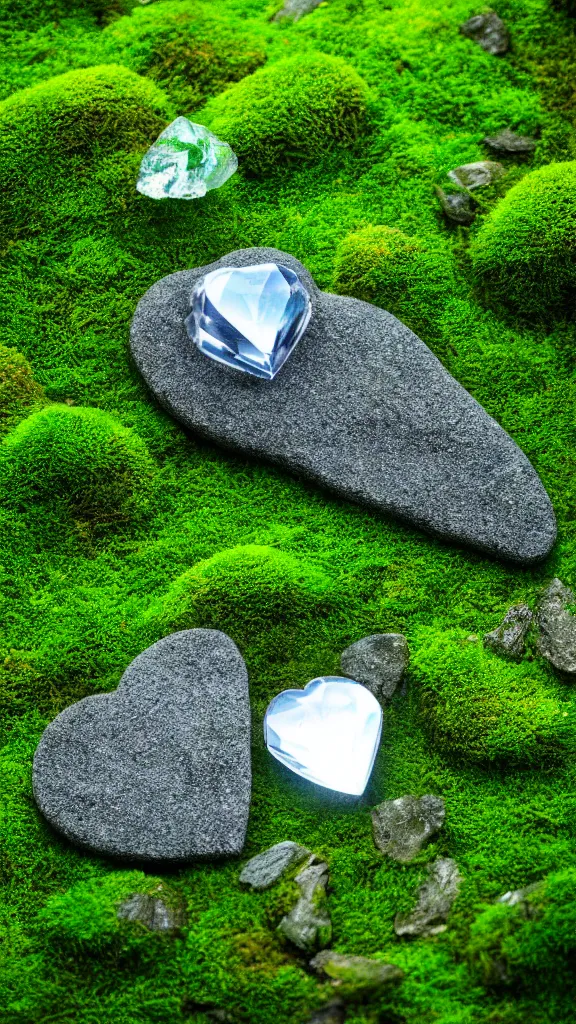 Image similar to a crystal heart laying on moss in a serene zen garden, light rays are coming through the leaves above, god rays, beautiful award winning macro photography, unreal engine 5, trending on artstation, serene secluded garden, isometric angle,