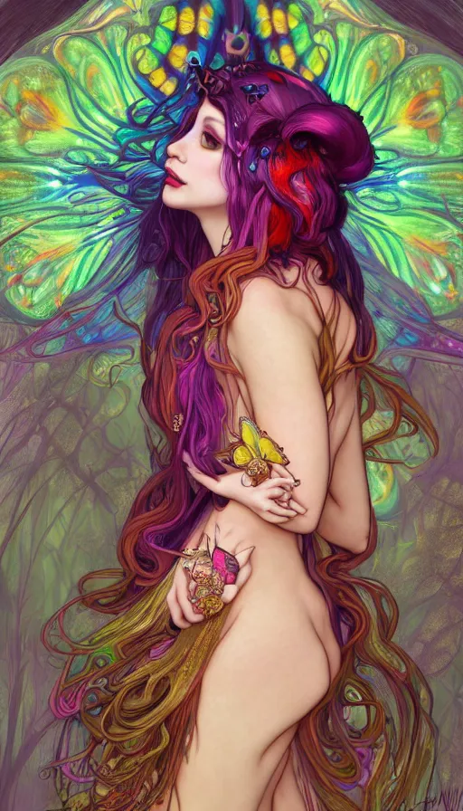 Image similar to a colorful and stunningly beautiful female faerie priestess in amanita muscaria forest landscape, symmetrical wings on back, neon hair, fantasy art, wearing a dress of gossamer gold, dark light night, sharp focus, digital painting, 4 k, concept art, art by charlie bowater and alphonse mucha, brom, face by otto schmidt