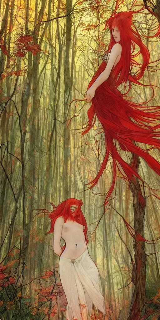 Image similar to a beautiful illustration of a red-head female in a forest, autumn, cinematic composition, mist, style of yoshitaka amano and alfons mucha